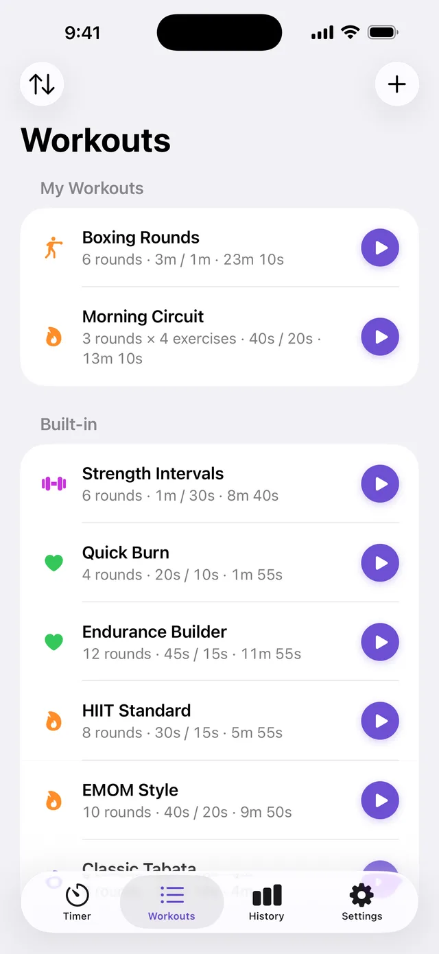 The Workouts screen listing saved workouts such as Morning Circuit and Boxing Rounds, and the built-in workouts